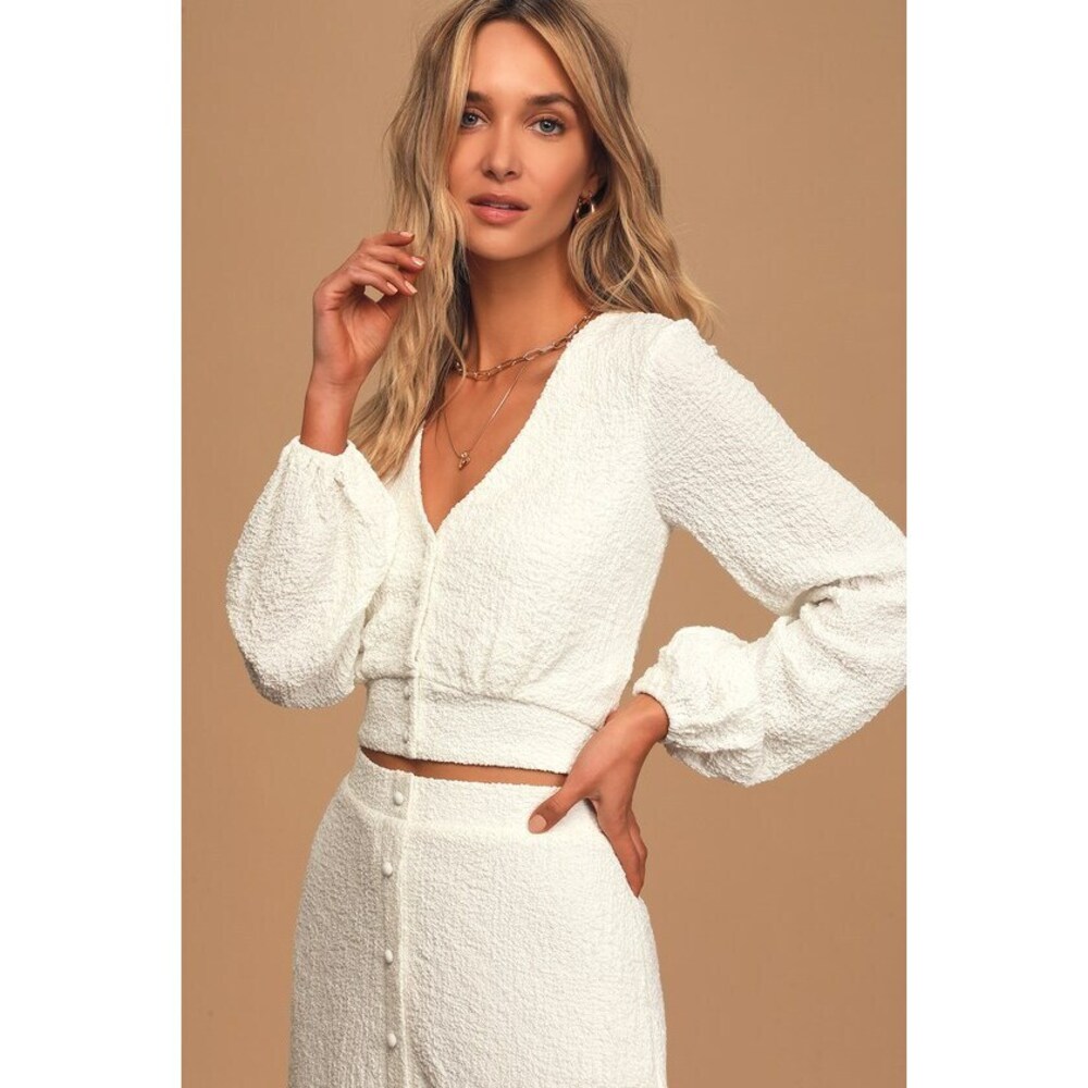 Lulus Rules Of Romance White Button-up Long Sleeve Crop Top - Size XS